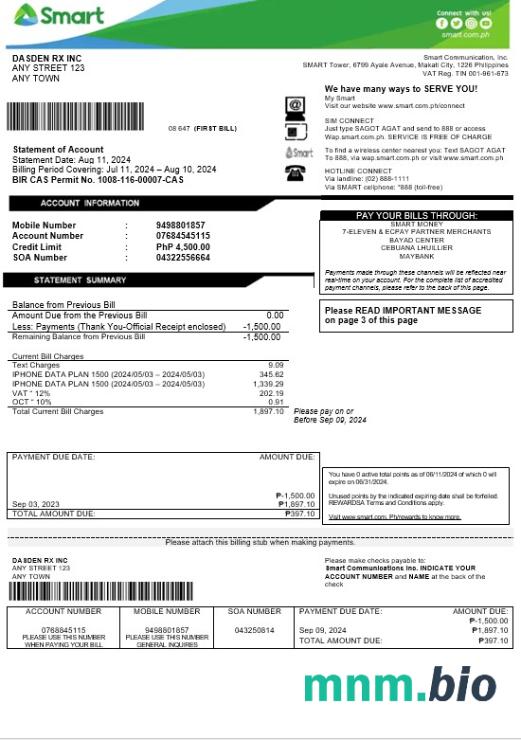 Filipiny Smart Business utility bill Word i szablon PDF